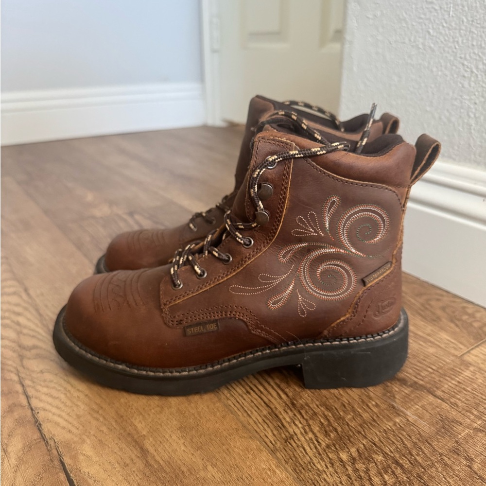Justin Brown Leather Embroidered Steel Toe Boots **NEW**